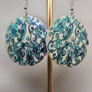 Painted Turquoise Floral Mother Of Pearl Shell Drop Earrings